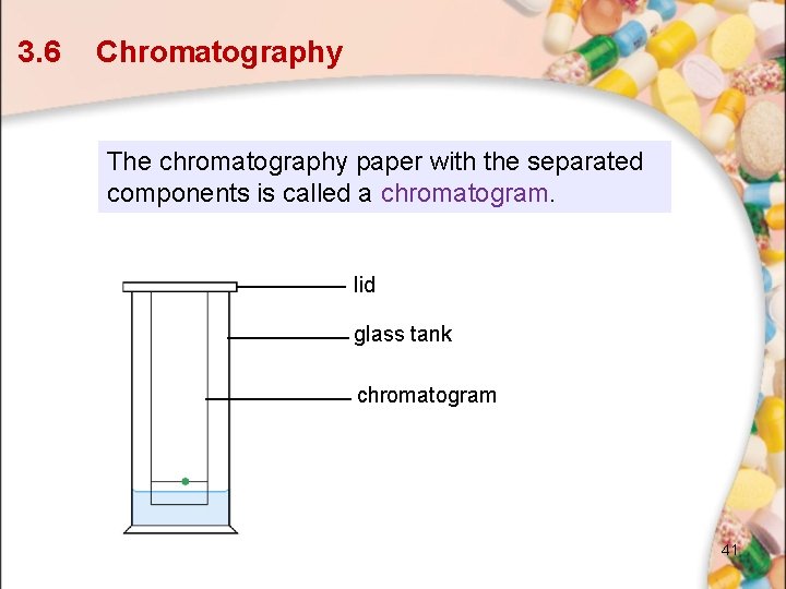 3. 6 Chromatography The chromatography paper with the separated components is called a chromatogram. 3. 6 Chromatography The chromatography paper with the separated components is called a chromatogram.