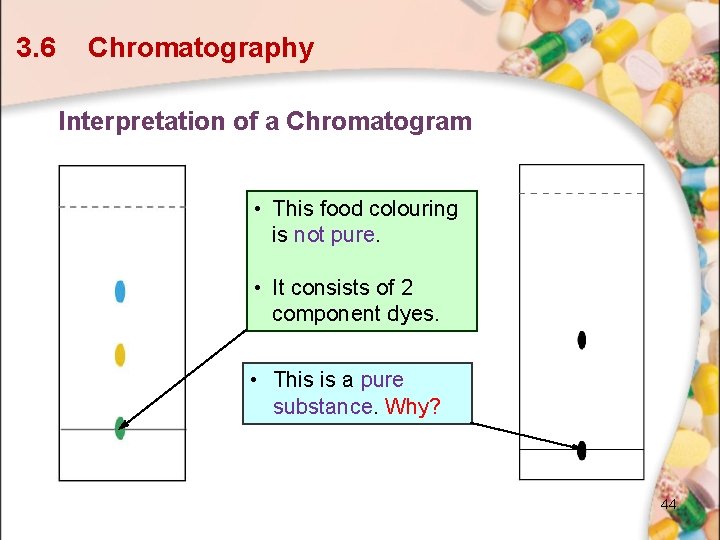 3. 6 Chromatography Interpretation of a Chromatogram • This food colouring is not pure. 3. 6 Chromatography Interpretation of a Chromatogram • This food colouring is not pure.