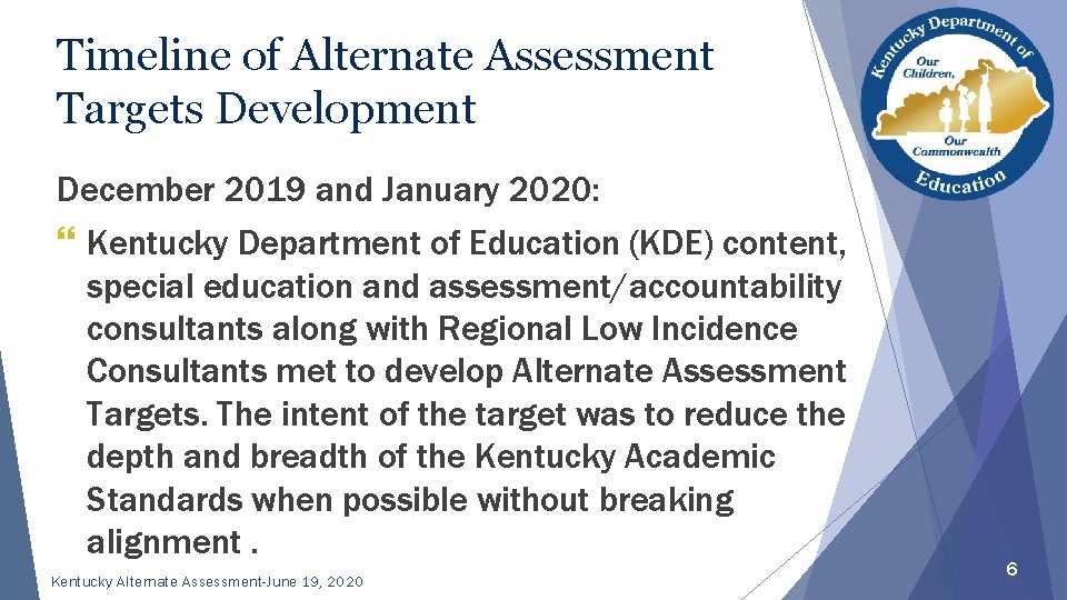 Timeline of Alternate Assessment Targets Development December 2019 and January 2020: } Kentucky Department