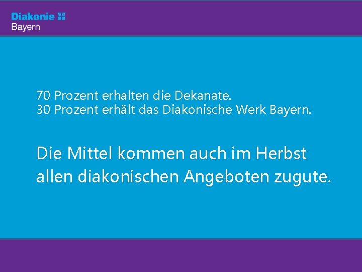 70 Prozent erhalten die Dekanate. 30 Prozent erhält das Diakonische Werk Bayern. Die Mittel