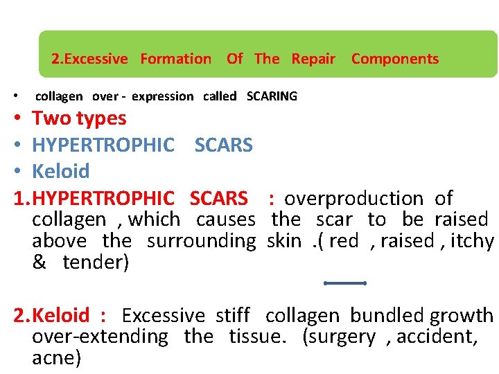 2. Excessive Formation Of The Repair Components • collagen over - expression called SCARING