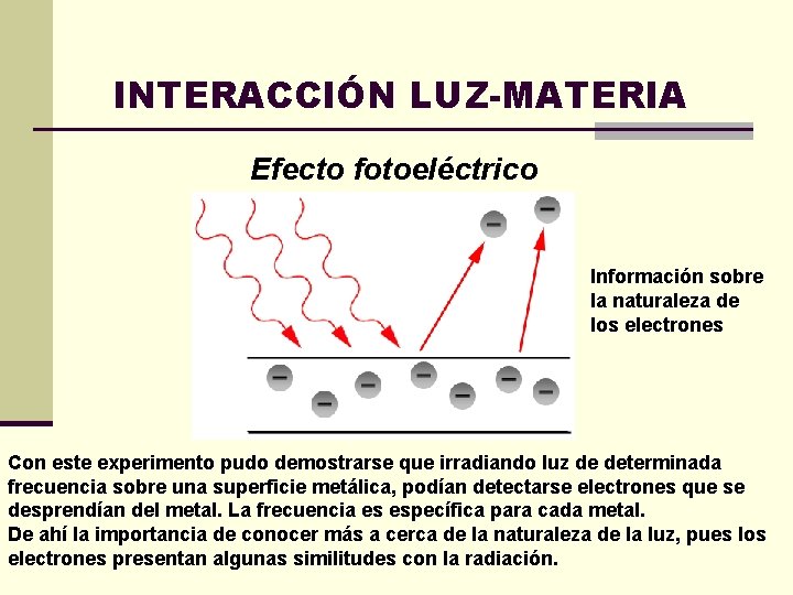 INTERACCIÓN LUZ-MATERIA Efecto fotoeléctrico Información sobre la naturaleza de los electrones Con este experimento