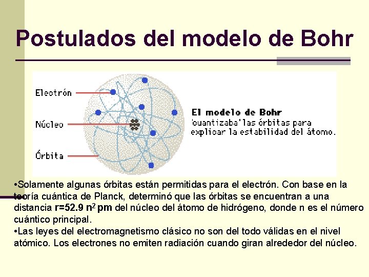 Postulados del modelo de Bohr • Solamente algunas órbitas están permitidas para el electrón.