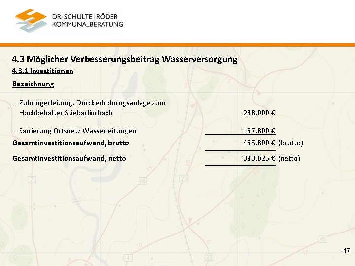 4. 3 Möglicher Verbesserungsbeitrag Wasserversorgung 4. 3. 1 Investitionen Bezeichnung - Zubringerleitung, Druckerhöhungsanlage zum