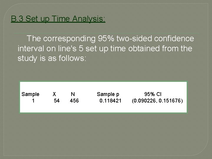 B. 3 Set up Time Analysis: The corresponding 95% two-sided confidence interval on line's