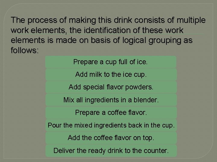 The process of making this drink consists of multiple work elements, the identification of