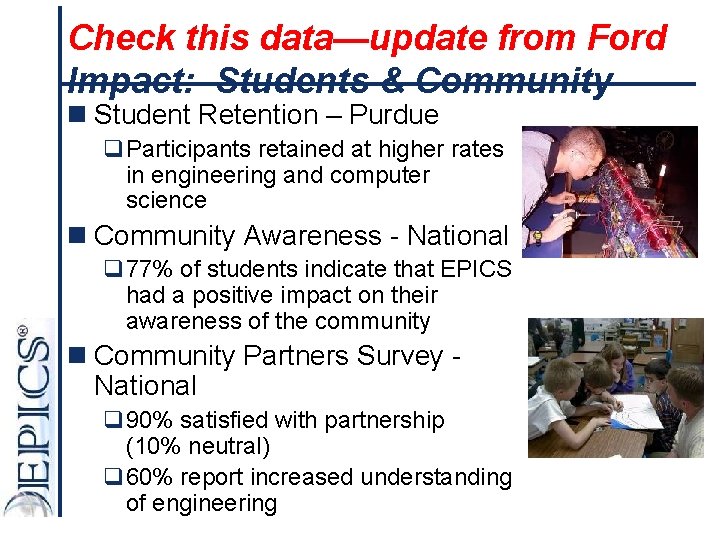 Check this data—update from Ford Impact: Students & Community n Student Retention – Purdue