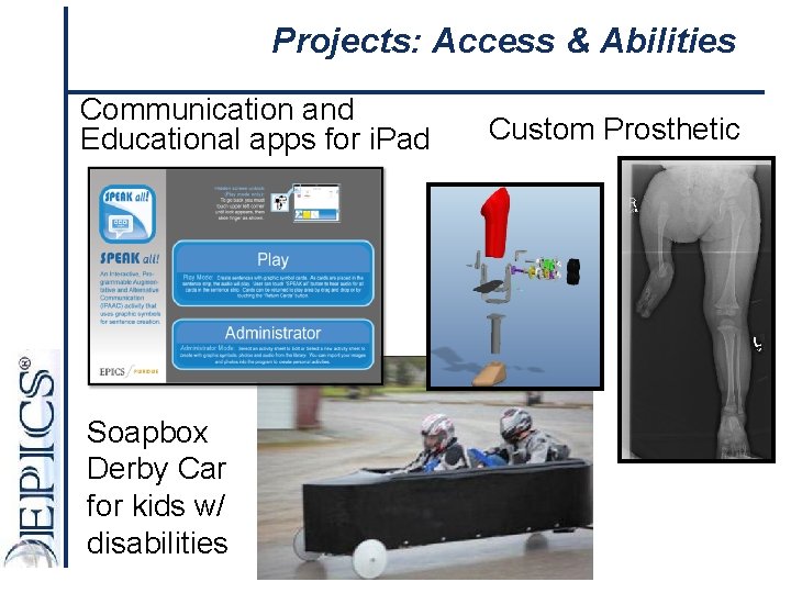Projects: Access & Abilities Communication and Educational apps for i. Pad Soapbox Derby Car
