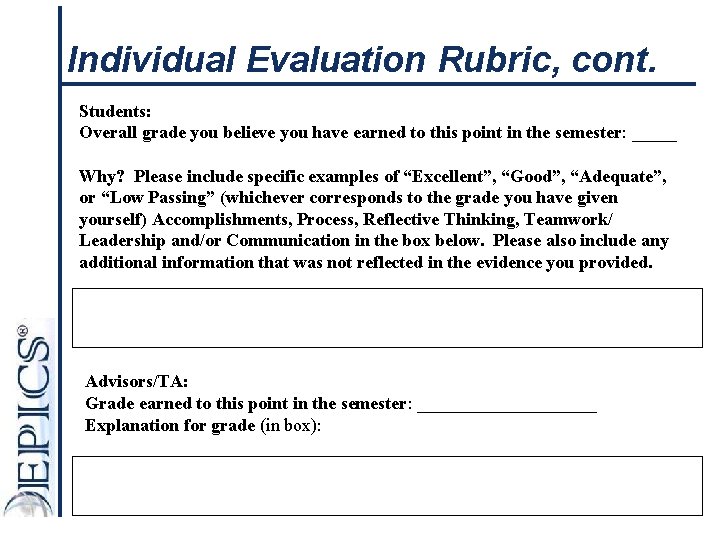 Individual Evaluation Rubric, cont. Students: Overall grade you believe you have earned to this