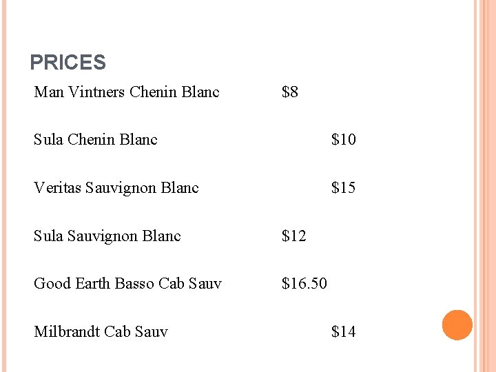 PRICES Man Vintners Chenin Blanc $8 Sula Chenin Blanc $10 Veritas Sauvignon Blanc $15