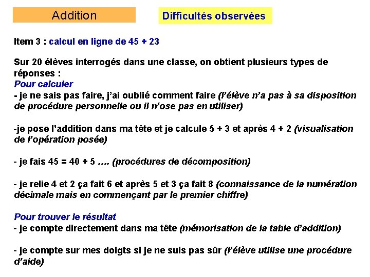 Addition Difficultés observées Item 3 : calcul en ligne de 45 + 23 Sur