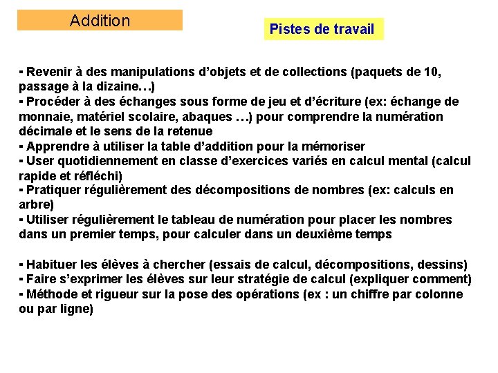 Addition Pistes de travail ▪ Revenir à des manipulations d’objets et de collections (paquets