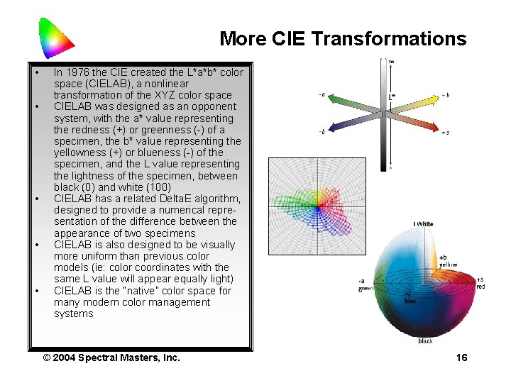 More CIE Transformations • • • In 1976 the CIE created the L*a*b* color