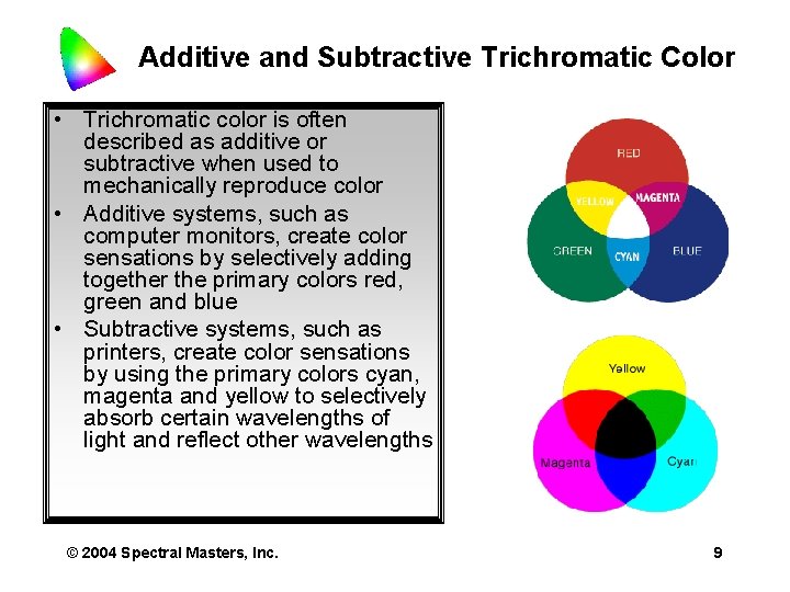 Additive and Subtractive Trichromatic Color • Trichromatic color is often described as additive or