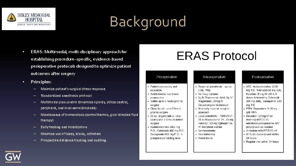Background • ERAS: Multimodal, multi-disciplinary approach for establishing procedure–specific, evidence-based perioperative protocols designed to