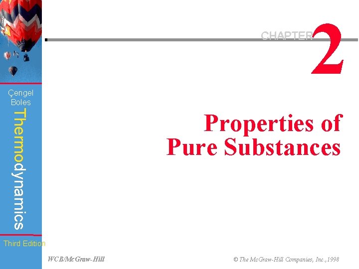 2 CHAPTER Çengel Boles Thermodynamics Properties of Pure Substances Third Edition WCB/Mc. Graw-Hill ©