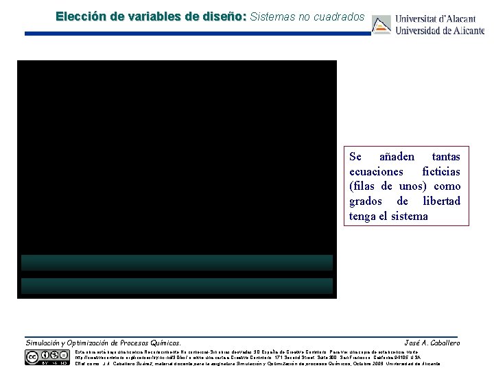 Elección de variables de diseño: Sistemas no cuadrados Se añaden tantas ecuaciones ficticias (filas