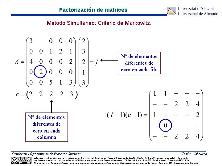 Factorización de matrices Método Simultáneo: Criterio de Markowitz. Nº de elementos diferentes de cero