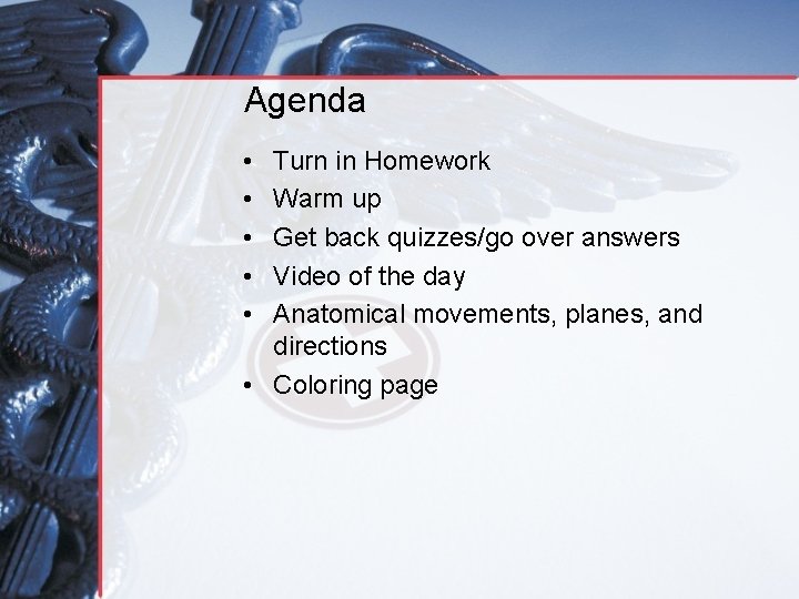 Agenda • • • Turn in Homework Warm up Get back quizzes/go over answers