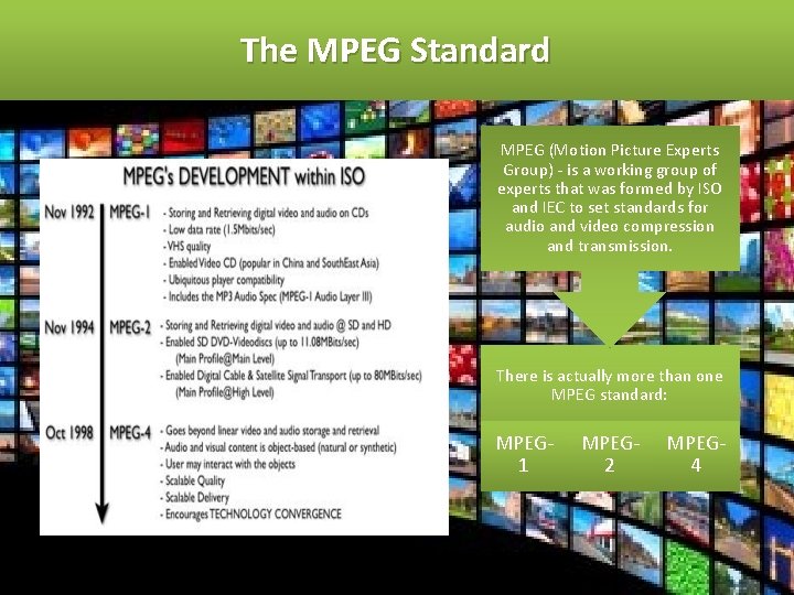 The MPEG Standard MPEG (Motion Picture Experts Group) - is a working group of
