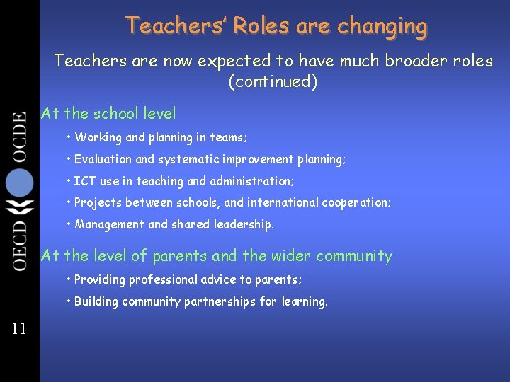 Teachers’ Roles are changing Teachers are now expected to have much broader roles (continued)