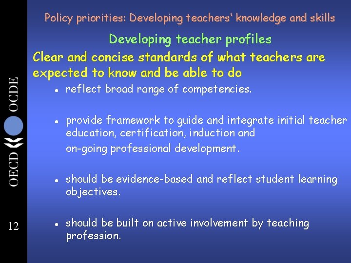 Policy priorities: Developing teachers‘ knowledge and skills Developing teacher profiles Clear and concise standards