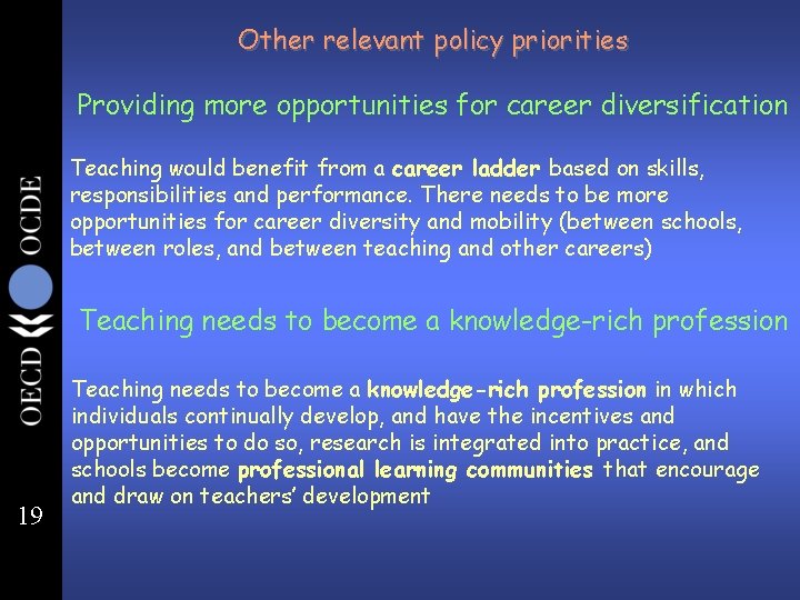Other relevant policy priorities Providing more opportunities for career diversification Teaching would benefit from