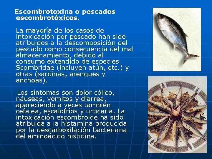 Escombrotoxina o pescados escombrotóxicos. La mayoría de los casos de intoxicación por pescado han