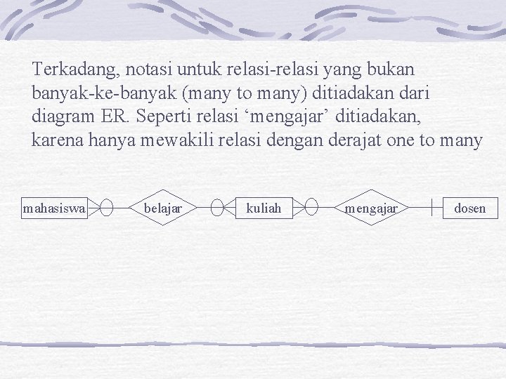 Terkadang, notasi untuk relasi-relasi yang bukan banyak-ke-banyak (many to many) ditiadakan dari diagram ER.