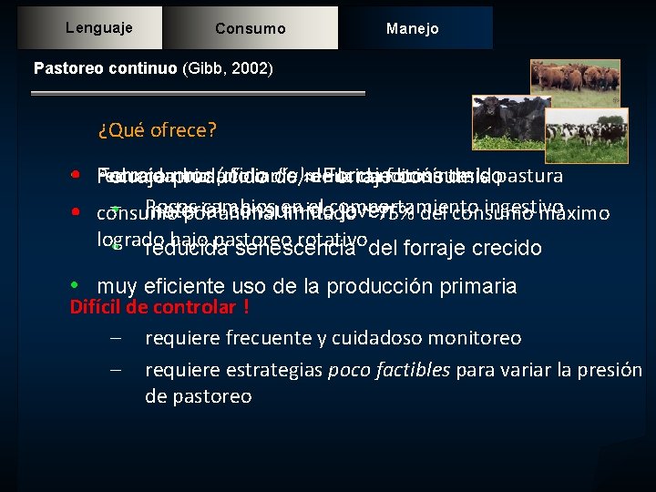 Lenguaje Consumo Manejo Pastoreo continuo (Gibb, 2002) ¿Qué ofrece? reducida Poco cambio masa(día foliar