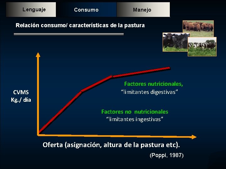 Lenguaje Consumo Manejo Relación consumo/ características de la pastura CVMS Kg. / día Factores