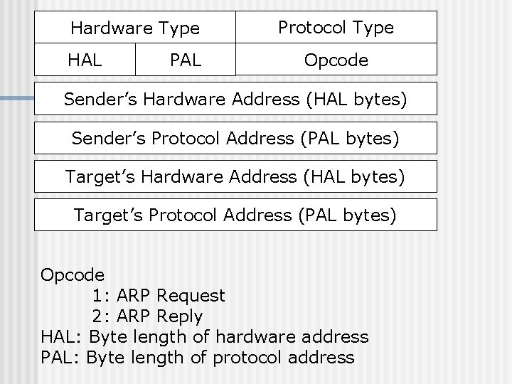 Hardware Type HAL Protocol Type Opcode Sender’s Hardware Address (HAL bytes) Sender’s Protocol Address