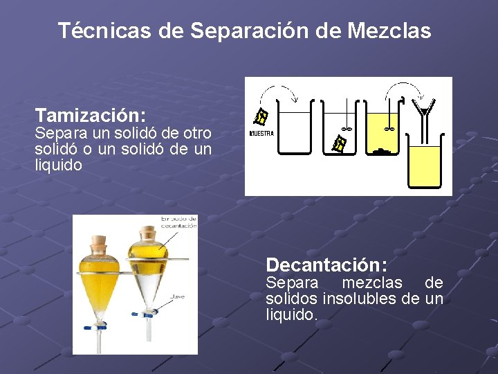 Técnicas de Separación de Mezclas Tamización: Separa un solidó de otro solidó o un
