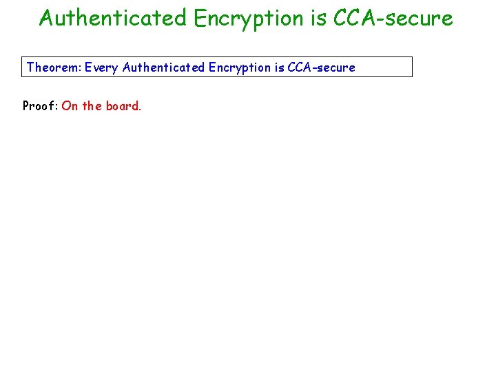 Authenticated Encryption is CCA-secure Theorem: Every Authenticated Encryption is CCA-secure Proof: On the board.