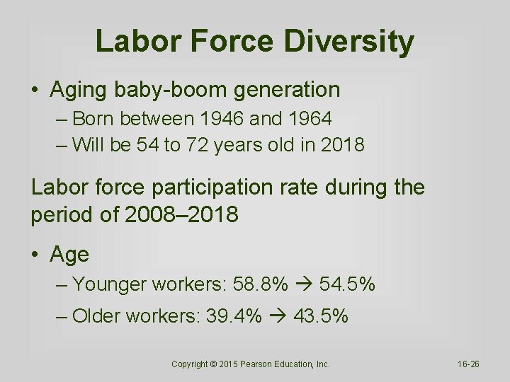 Labor Force Diversity • Aging baby-boom generation – Born between 1946 and 1964 –