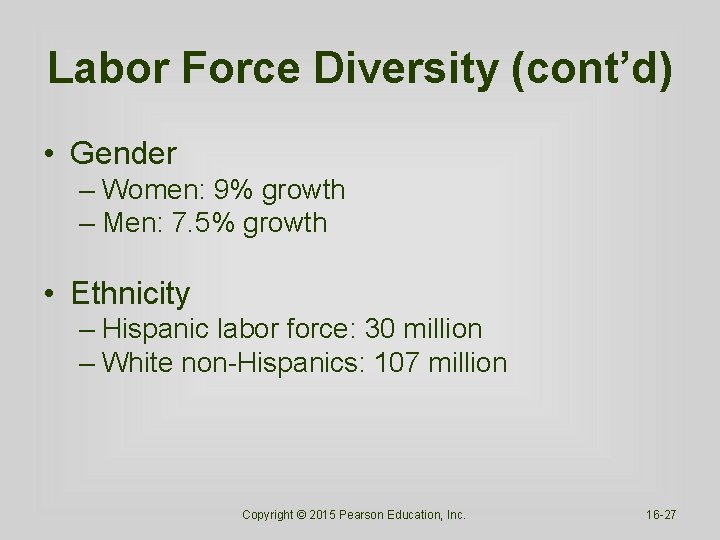 Labor Force Diversity (cont’d) • Gender – Women: 9% growth – Men: 7. 5%