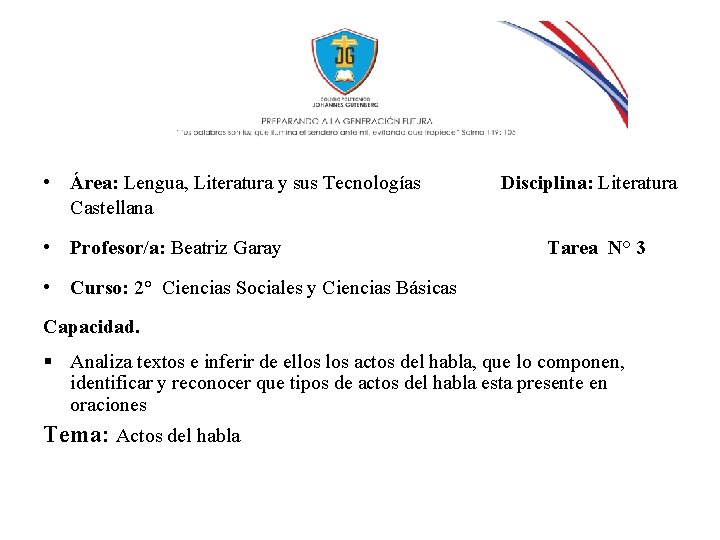  • Área: Lengua, Literatura y sus Tecnologías Castellana • Profesor/a: Beatriz Garay Disciplina: