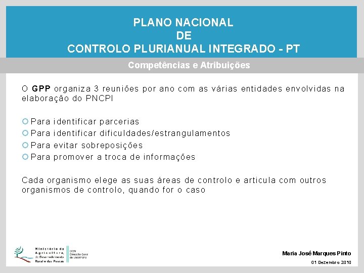 PLANO NACIONAL DE CONTROLO PLURIANUAL INTEGRADO - PT Competências e Atribuições O GPP organiza