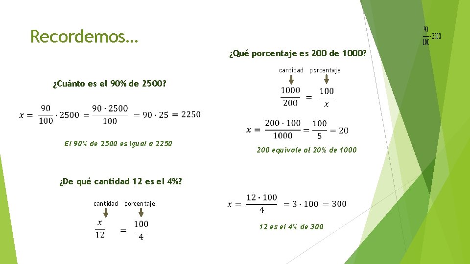 Recordemos… ¿Qué porcentaje es 200 de 1000? cantidad porcentaje ¿Cuánto es el 90% de