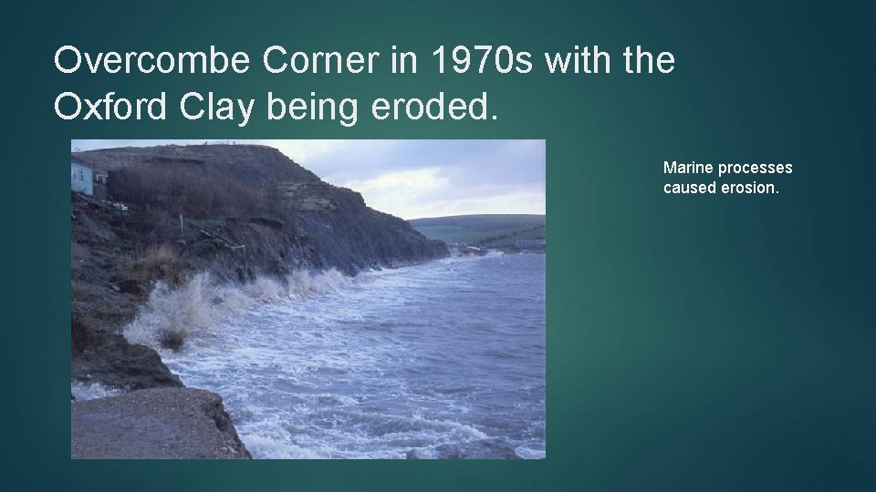 Overcombe Corner in 1970 s with the Oxford Clay being eroded. Marine processes caused