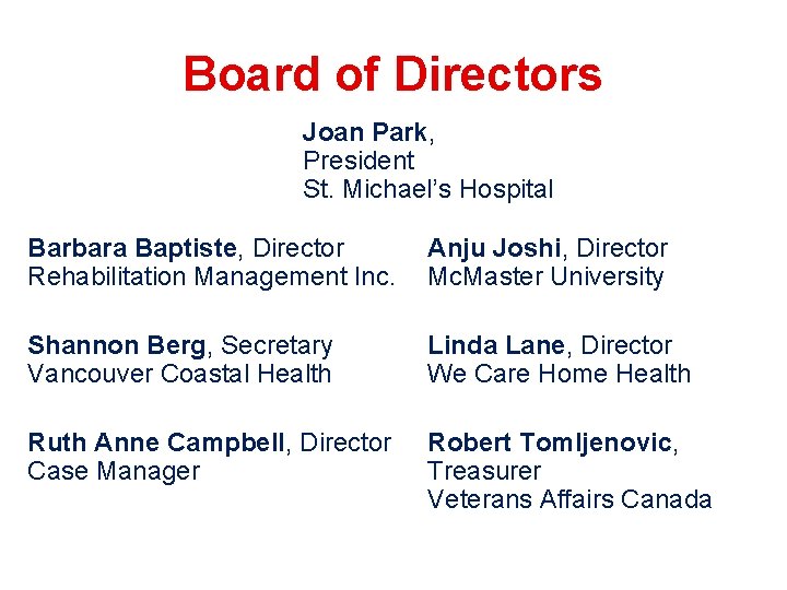 Board of Directors Joan Park, President St. Michael’s Hospital Barbara Baptiste, Director Rehabilitation Management Board of Directors Joan Park, President St. Michael’s Hospital Barbara Baptiste, Director Rehabilitation Management