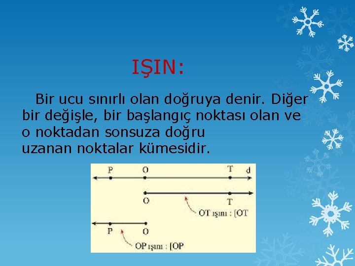 IŞIN: Bir ucu sınırlı olan doğruya denir. Diğer bir değişle, bir başlangıç noktası olan