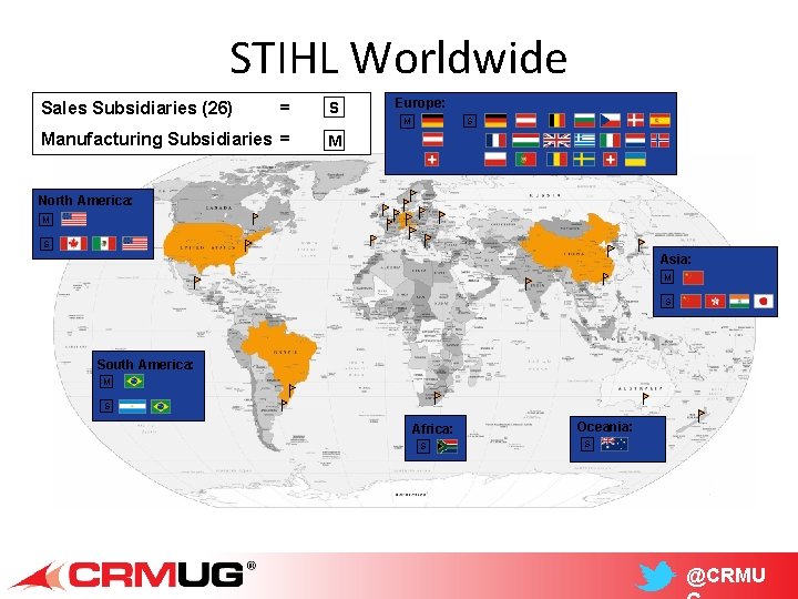 STIHL Worldwide Sales Subsidiaries (26) = S Manufacturing Subsidiaries = M Europe: S M
