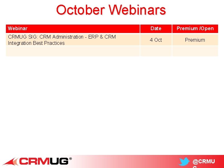 October Webinars Webinar Date Premium /Open CRMUG SIG: CRM Administration - ERP & CRM