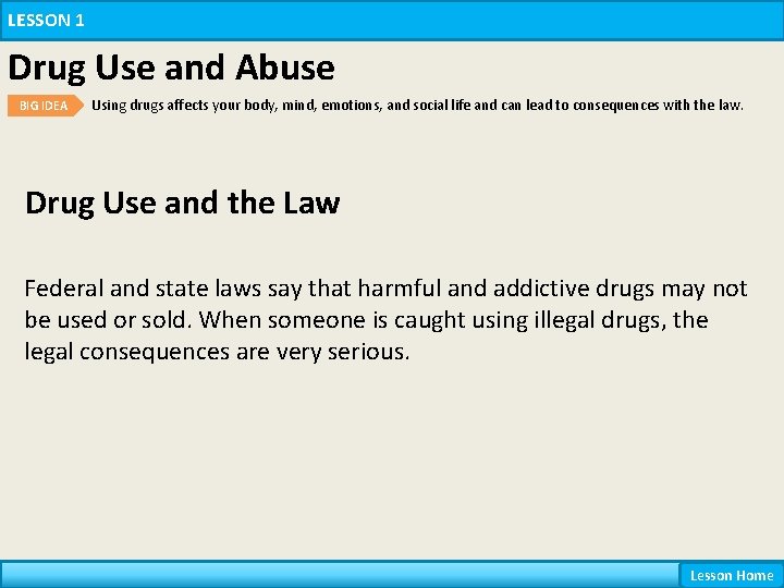 LESSON 1 Drug Use and Abuse BIG IDEA Using drugs affects your body, mind, LESSON 1 Drug Use and Abuse BIG IDEA Using drugs affects your body, mind,