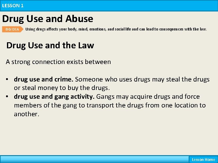 LESSON 1 Drug Use and Abuse BIG IDEA Using drugs affects your body, mind, LESSON 1 Drug Use and Abuse BIG IDEA Using drugs affects your body, mind,