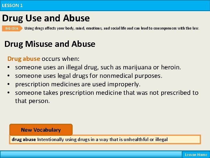 LESSON 1 Drug Use and Abuse BIG IDEA Using drugs affects your body, mind, LESSON 1 Drug Use and Abuse BIG IDEA Using drugs affects your body, mind,