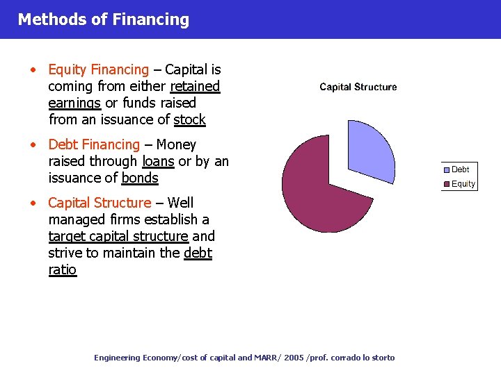Methods of Financing • Equity Financing – Capital is coming from either retained earnings
