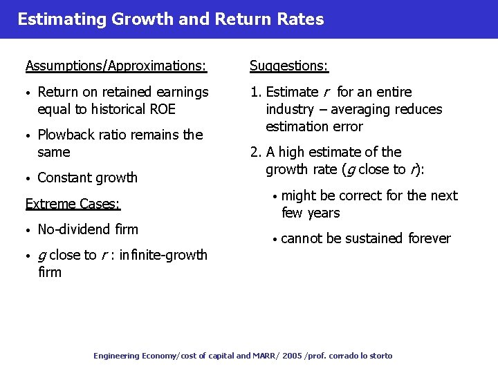 Estimating Growth and Return Rates Assumptions/Approximations: • Return on retained earnings equal to historical