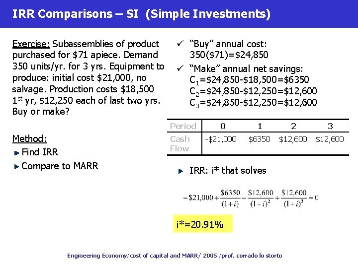 IRR Comparisons – SI (Simple Investments) Exercise: Subassemblies of product purchased for $71 apiece.